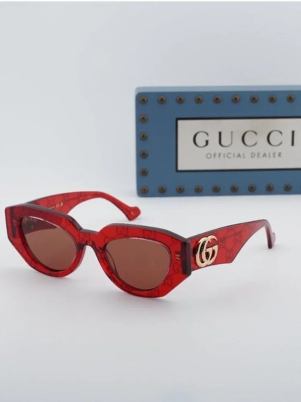 Gucci GG1421S 006 Geometric Sunglasses - Transparent Red with GG Pattern/Brown